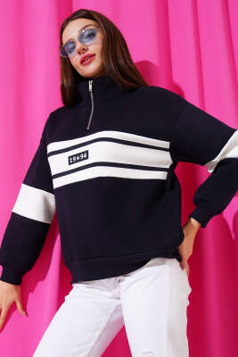 Fermuarlı 1994 Baskılı Üç İplik Swatshirt Lacivert - Kadın Giyim Modelleri