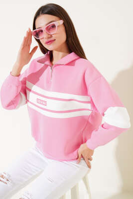 Fermuarlı 1994 Baskılı Üç İplik Swatshirt Pembe - Kadın Giyim Modelleri