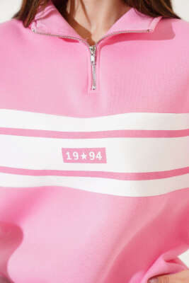 Fermuarlı 1994 Baskılı Üç İplik Swatshirt Pembe - Kadın Giyim Modelleri