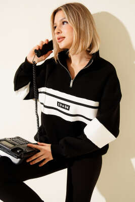 Fermuarlı 1994 Baskılı Üç İplik Swatshirt Siyah 