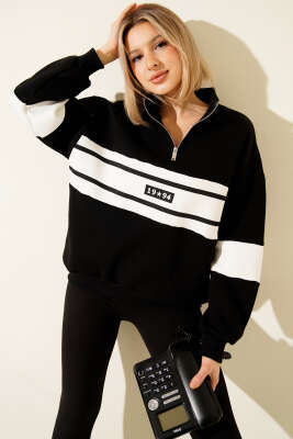 Fermuarlı 1994 Baskılı Üç İplik Swatshirt Siyah - Kadın Giyim Modelleri