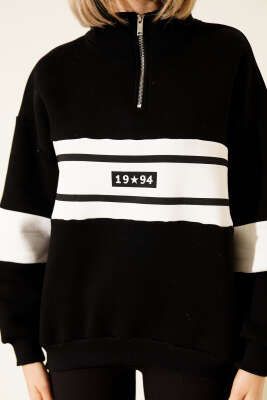 Fermuarlı 1994 Baskılı Üç İplik Swatshirt Siyah - Kadın Giyim Modelleri