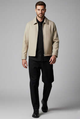 Fermuarlı Astarlı Erkek Kaşe Mont Bej - Erkek Mont