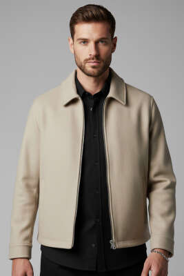 Fermuarlı Astarlı Erkek Kaşe Mont Bej - ZAGO