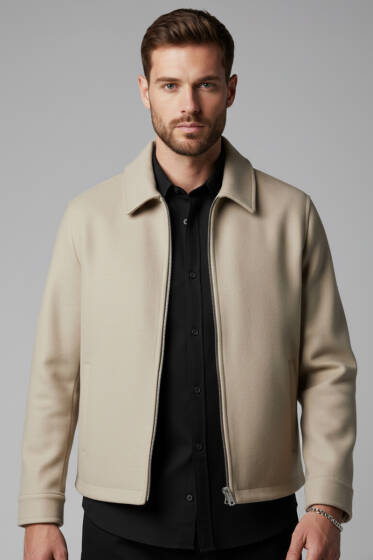Fermuarlı Astarlı Erkek Kaşe Mont Bej - Erkek Mont