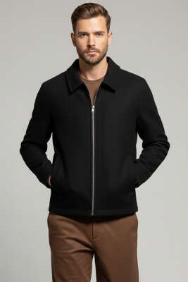 Fermuarlı Astarlı Erkek Kaşe Mont Siyah - ZAGO