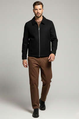 Fermuarlı Astarlı Erkek Kaşe Mont Siyah - Erkek Mont