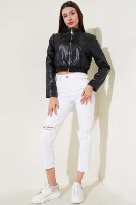 Fermuarlı Astarlı Kısa Deri Ceket Siyah - Kadın Giyim Modelleri