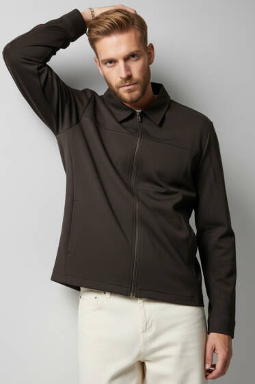 Fermuarlı Basic Erkek Ceket Acı Kahve - Erkek Ceket