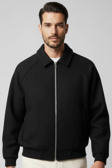 Fermuarlı Bel Lastikli Erkek Kaşe Mont Siyah - Erkek Mont