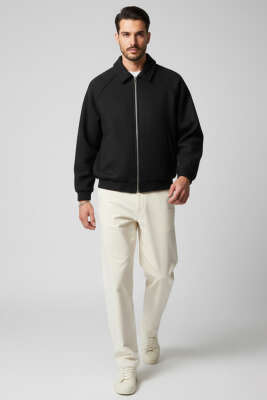 Fermuarlı Bel Lastikli Erkek Kaşe Mont Siyah - Erkek Mont