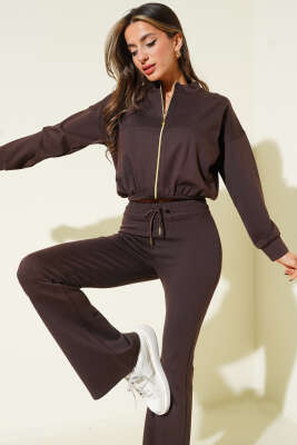 Fermuarlı Bel Lastikli İkili Takım Kahve - Kadın Giyim Modelleri