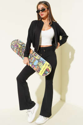 Fermuarlı Bel Lastikli İkili Takım Siyah - TİLLE