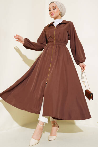 Fermuarlı Bel Lastikli Trençkot Kahve - Trençkot