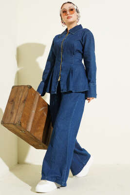 Fermuarlı Bel Pensli Kot İkili Takım Mavi - HATUN