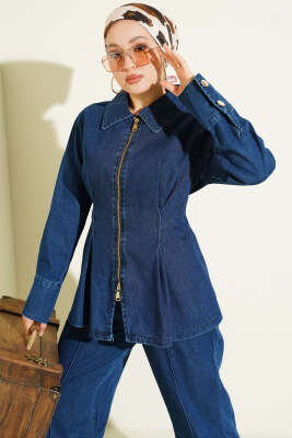 Fermuarlı Bel Pensli Kot İkili Takım Mavi - İkili Takım