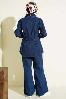 Fermuarlı Bel Pensli Kot İkili Takım Mavi - İkili Takım
