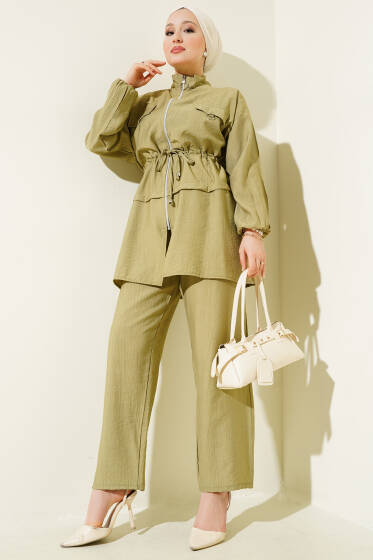 Fermuarlı Bel Tünelli İkili Takım Haki - İkili Takım