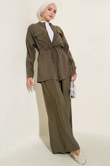 Fermuarlı Beli Tünelli İkili Takım Haki - İkili Takım