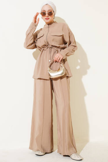 Fermuarlı Beli Tünelli İkili Takım Latte - İkili Takım