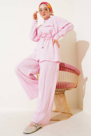 Fermuarlı Beli Tünelli İkili Takım Pembe - İkili Takım