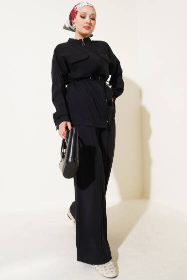 Fermuarlı Beli Tünelli İkili Takım Siyah - İkili Takım