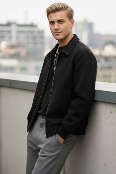 Fermuarlı Bomber Erkek Ceket Siyah - Erkek Ceket