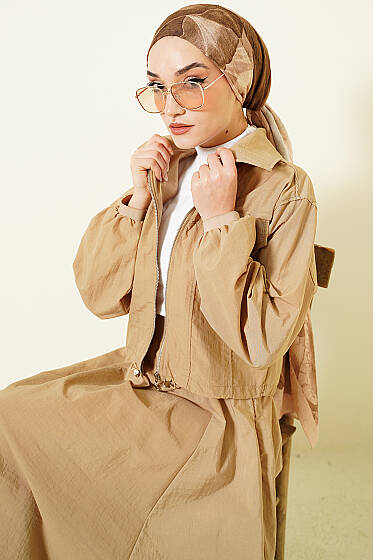 Fermuarlı Ceketli Etekli Paraşüt İkili Takım Bej - İkili Takım