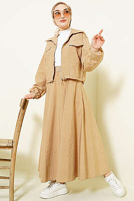 Fermuarlı Ceketli Etekli Paraşüt İkili Takım Bej - İkili Takım