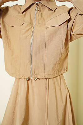 Fermuarlı Ceketli Etekli Paraşüt İkili Takım Bej - İkili Takım