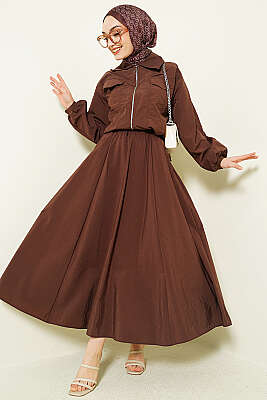 Fermuarlı Ceketli Etekli Paraşüt İkili Takım Kahve - VAV TEKSTİL