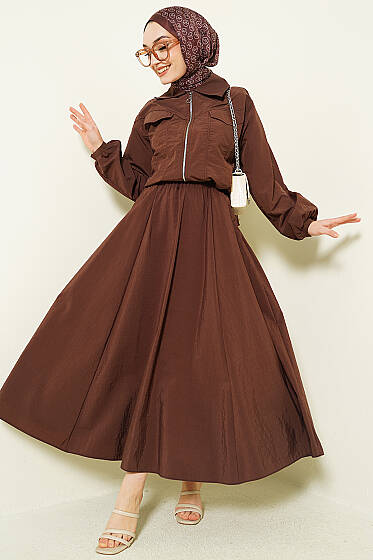 Fermuarlı Ceketli Etekli Paraşüt İkili Takım Kahve - İkili Takım