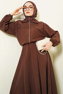 Fermuarlı Ceketli Etekli Paraşüt İkili Takım Kahve - İkili Takım