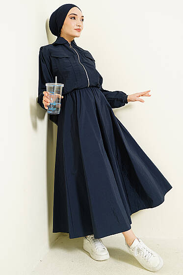 Fermuarlı Ceketli Etekli Paraşüt İkili Takım Lacivert - İkili Takım