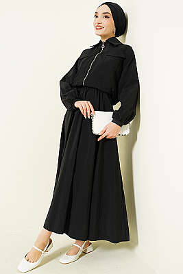 Fermuarlı Ceketli Etekli Paraşüt İkili Takım Siyah - İkili Takım