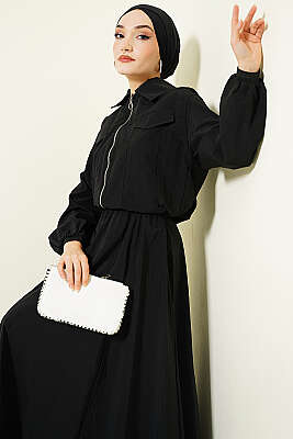 Fermuarlı Ceketli Etekli Paraşüt İkili Takım Siyah - İkili Takım