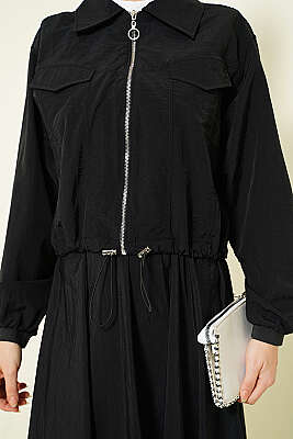 Fermuarlı Ceketli Etekli Paraşüt İkili Takım Siyah - İkili Takım