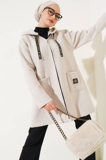 Fermuarlı Cep Armalı Buklet Kaban Bej - Kaban