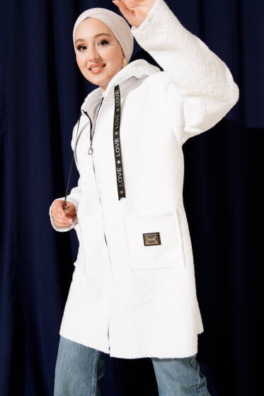 Fermuarlı Cep Armalı Buklet Kaban Beyaz - Kaban