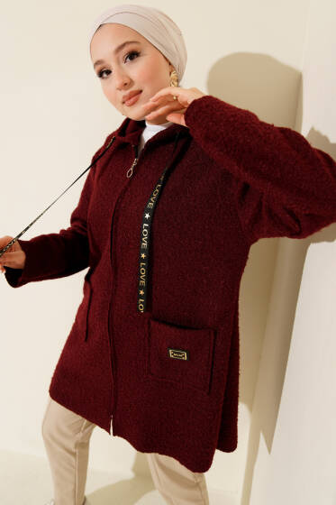 Fermuarlı Cep Armalı Buklet Kaban Bordo - Kaban