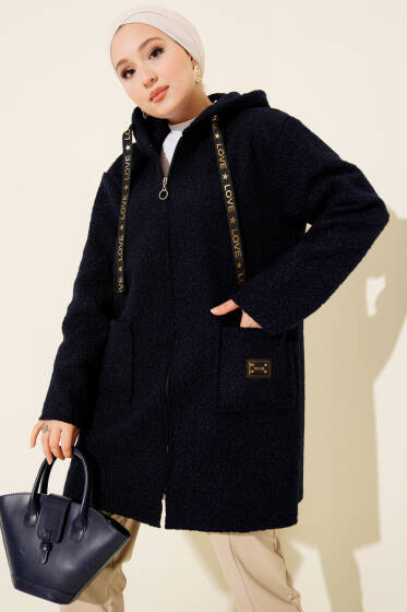 Fermuarlı Cep Armalı Buklet Kaban Lacivert - Kaban