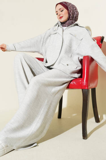 Fermuarlı Cep Detaylı Apoletli İkili Takım Gri - İkili Takım