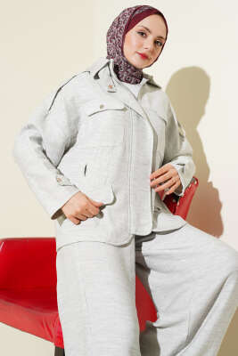 Fermuarlı Cep Detaylı Apoletli İkili Takım Gri - İkili Takım
