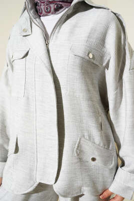 Fermuarlı Cep Detaylı Apoletli İkili Takım Gri - İkili Takım