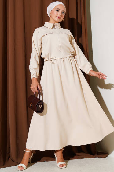 Fermuarlı Cep Kapaklı Etekli Dabıl İkili Takım Bej - İkili Takım