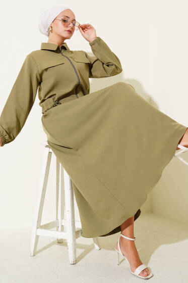 Fermuarlı Cep Kapaklı Etekli Dabıl İkili Takım Çağla Yeşili - İkili Takım