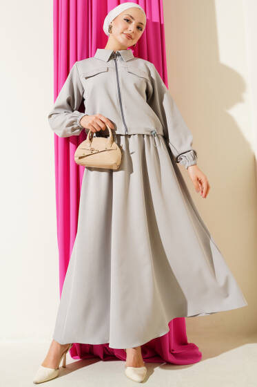 Fermuarlı Cep Kapaklı Etekli Dabıl İkili Takım Gri - İkili Takım