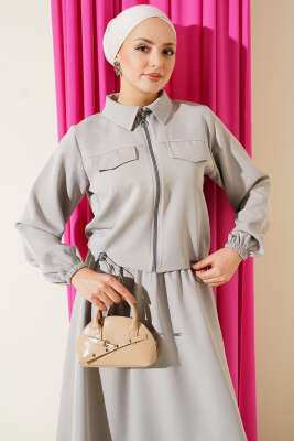 Fermuarlı Cep Kapaklı Etekli Dabıl İkili Takım Gri - İkili Takım