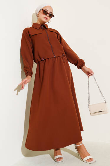 Fermuarlı Cep Kapaklı Etekli Dabıl İkili Takım Kahve - İkili Takım