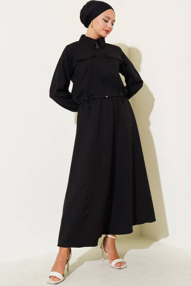 Fermuarlı Cep Kapaklı Etekli Dabıl İkili Takım Siyah - İkili Takım